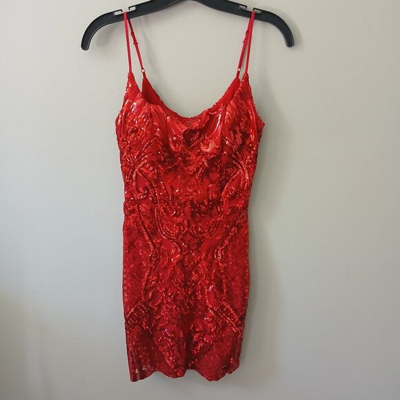B.Darlin Junior's Sz XS Strappy Square-Neck Bodycon Dress Red Sequins Mini Lined - Picture 1 of 16
